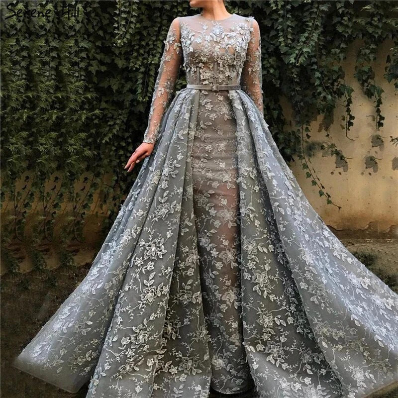 Muslim Grey Long Sleeves Tulle Evening Dresses 2024 O-Neck Handmade Flowers Pearls Fashion Evening Gowns LA60898 Lace Tulle Dress