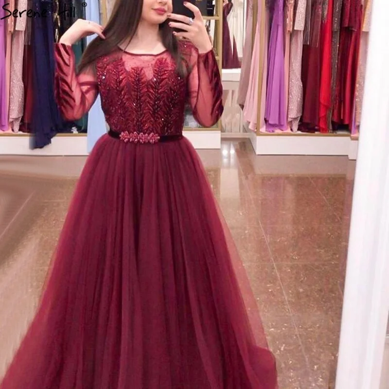 Wine Red A-Line Tulle Design Evening Dresses Long Sleeves Crystal Luxury Formal Dress Serene Hill 2024 LA70280 Tulle Dress Set