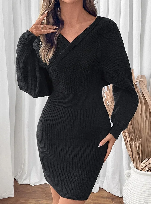 V-neck Bat Sleeve Solid Color Knitted Sweater Dress Knit Bodycon Sweater