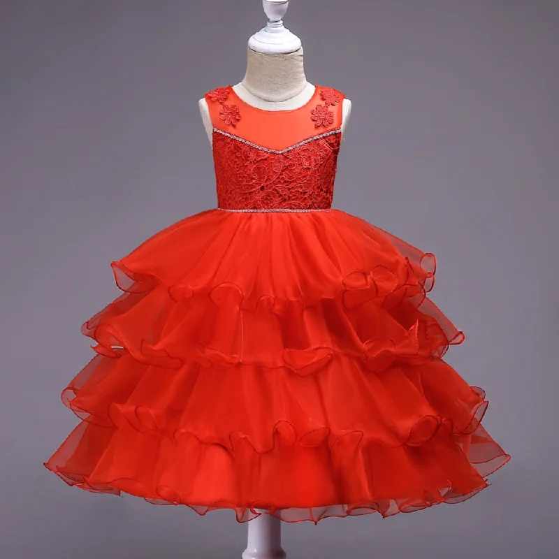 Red Layered Tulle Dress, Size 3-14 Yrs Tulle Dress Flow