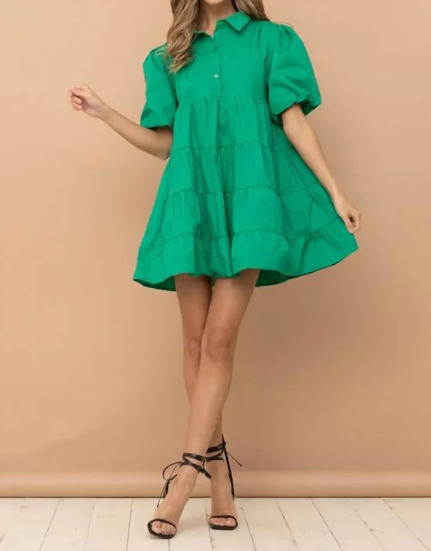 Tiered Puff Sleeve Short Shirt Dress - Kelly Green Tartan Shirt Dress