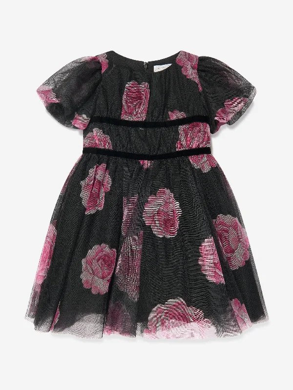 Monnalisa Girls Tulle Flower Print Dress in Black Tulle Dress Flare