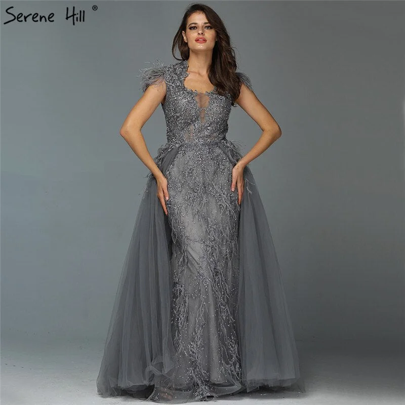 Dubai Grey Sleeveless Tulle Evening Dresses Design 2024 Crystal Feathers Luxury Formal Dress Serene Hill LA70020 Long Sleeve Tulle