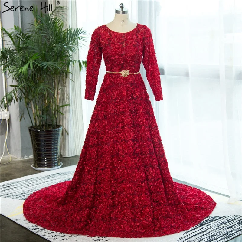 On Sale no return no refundSale New Style Wine Red O-Neck Tulle Evening Dress Long Sleeve Small Flowers Fashion Evening Gowns 2024 Vestido De Festa HA2140 Vintage Tulle Dress