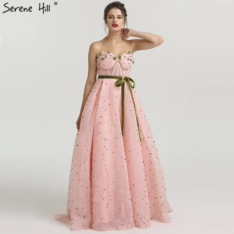 Sleeveless Illusion Tulle Evening Dresses Colored Flowers Pearls Fashion Beach LA6490 Tulle Dress Sparkling