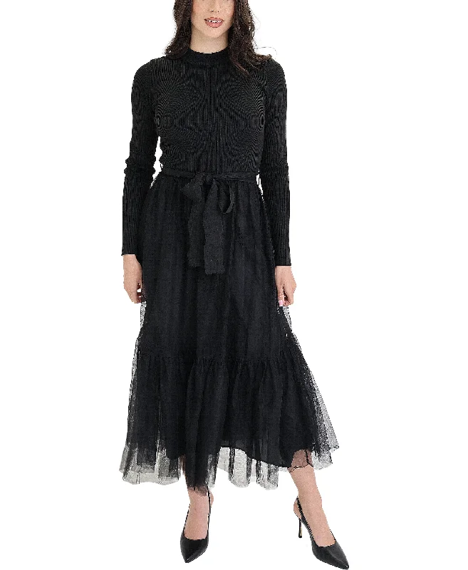 Knit Ribbed Tulle Midi Dress Tulle Dress Chic