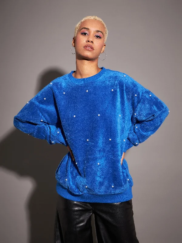 Women Royal Blue Fur Pearl Sweatshirt Comfort Hoodie Sweatshirt