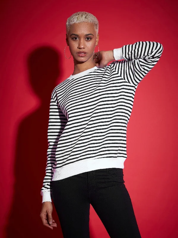 Women Black & White Striped Fleece Sweatshirt Casual Women’s Hoodies