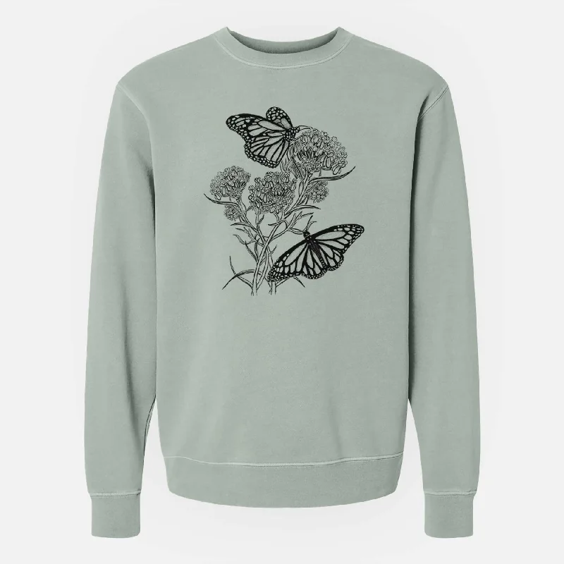 Narrowleaf Milkweed with Monarchs - Unisex Pigment Dyed Crew Sweatshirt Trendy Women’s Hoodies