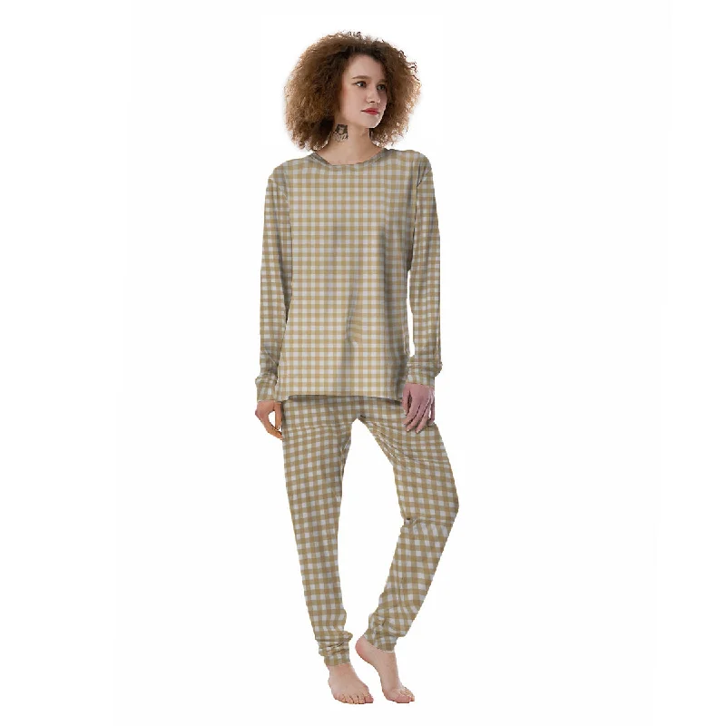 Check White And Beige Print Pattern Women's Pajamas Best pajama sets for pregnancy