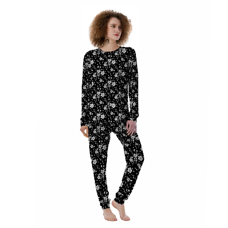 Cherry Blossom White And Black Print Women's Pajamas Sleepwear pajama sets