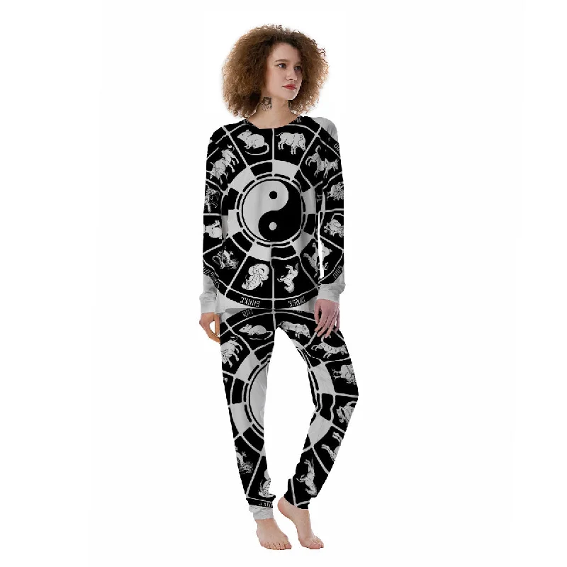 Chinese Zodiac White And Black Print Women's Pajamas Polyester pajama sets