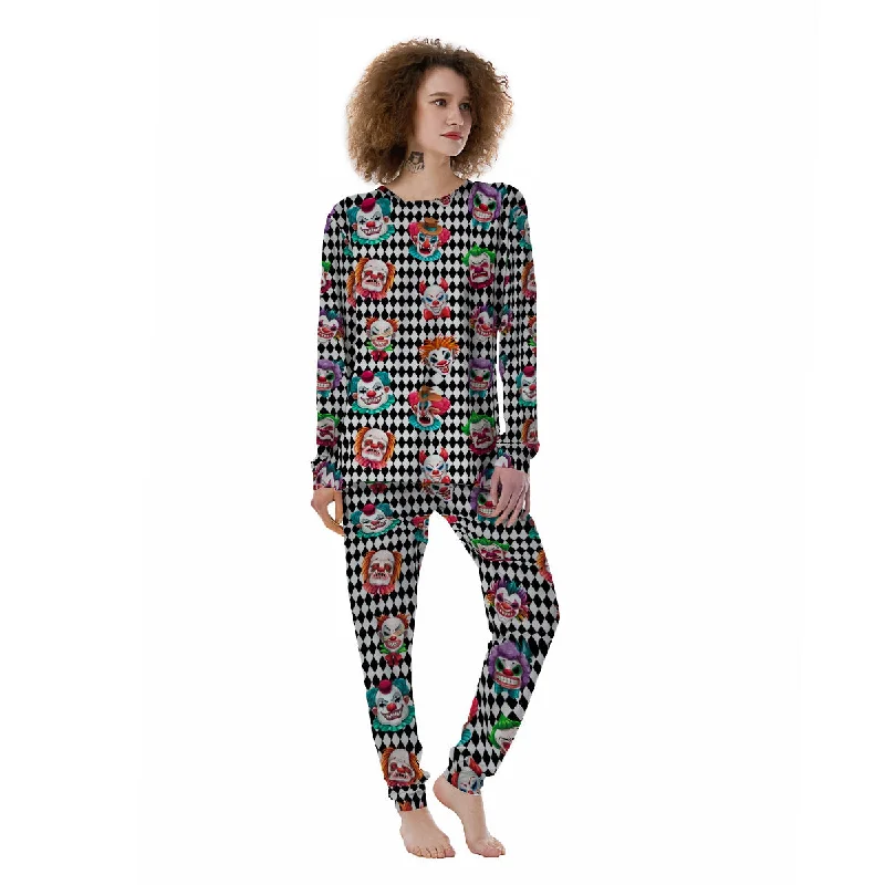 Clown Faces And Harlequin Black Print Pattern Women's Pajamas Long sleeve pajama sets