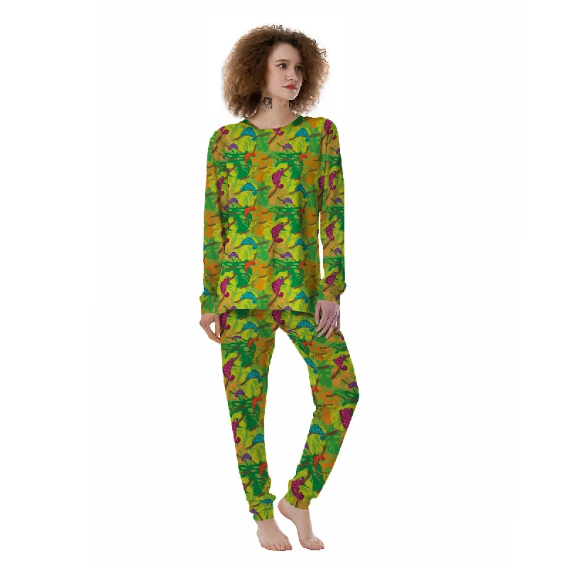 Colorful Chamaleon And Monstera Tropic Leave Print Pattern Women's Pajamas Unisex pajama sets