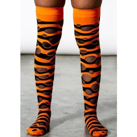 Wretched Soul Distressed Long Thigh High Socks | Black & Orange Sleepwear pajama sets