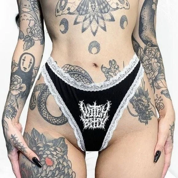 Witch Bitch Panty | Witch Please! | Black Cotton Lace Trim Thong Panty Cozy pajama sets