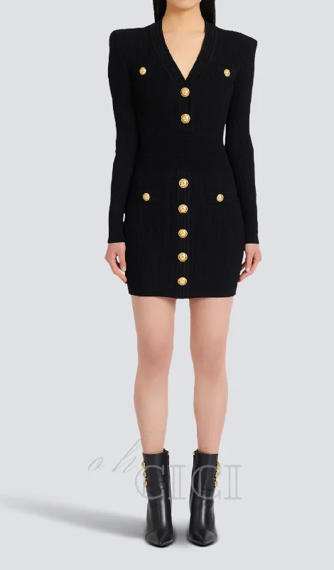 TARA BLACK SHORT KNITTED MINI DRESS WITH GOLD BUTTONS Minimalist mini dresses