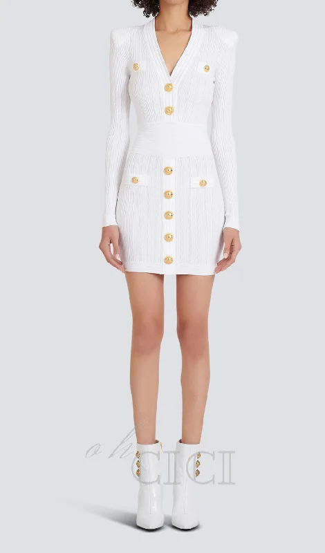 TARA WHITE SHORT KNITTED MINI DRESS WITH GOLD BUTTONS Fall mini dresses