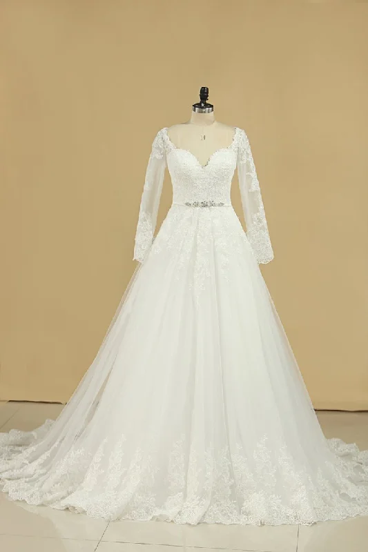 2024 A Line Long Sleeves Wedding Dresses Tulle With Applique And Sash Sweep Train Lace Wedding Gown