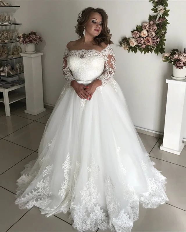 A-line Illusion Lace Long Sleeves Tulle Wedding Dresses Plus Size Vintage Wedding Gown