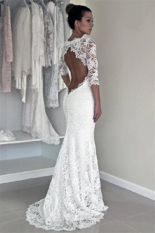 Simple Mermaid Backless Lace Long Wedding Dress With Sleeves Vintage Style Dress