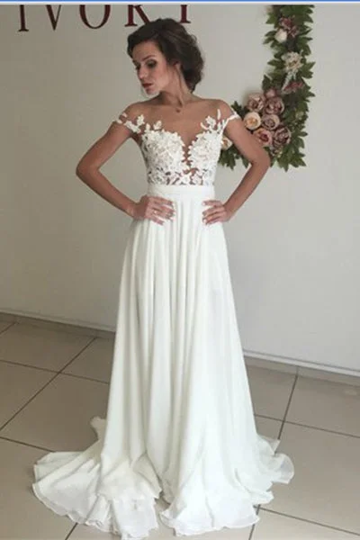 Cap Sleeves Ivory Chiffon Lace Long Wedding Dress Simple Satin Gown