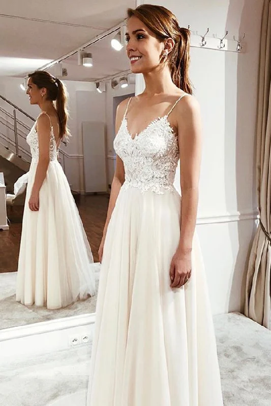 Elegant Spaghetti Straps Sleeveless Lace Appliques Wedding Dresses Strapless Bridal Dress