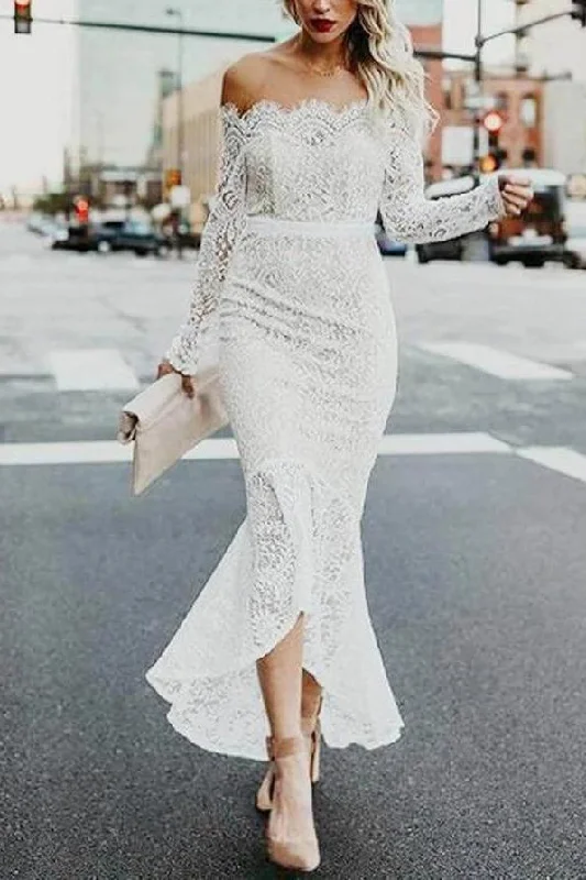 High Low Long Sleeves Mermaid Lace Wedding Dress, Off the Shoulder Lace Bridal Dress N2257 Illusion Lace Gown