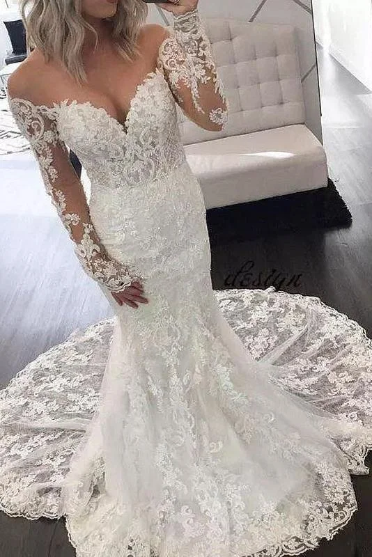 Illusion Long Sleeve Lace Mermaid Wedding Dress Gorgeous Long Bridal Dress N1778 Empire Waist Gown