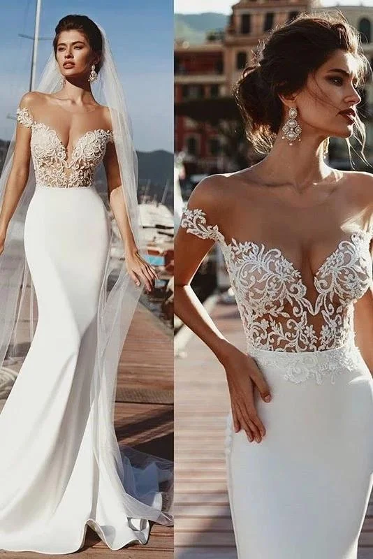 Mermaid Short Sleeves Sheer Neck Long Wedding Dress, Long Lace Appliques Bridal Dress N2241 Satin Lace Gown