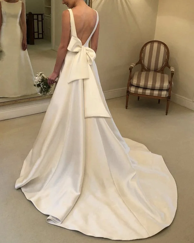 Satin Wedding Dress Sweep Train Bow Back Wedding Dress Long