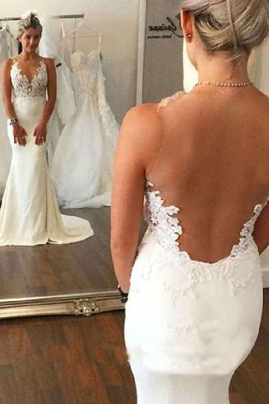 Sexy See Through Backless Lace Appliques Wedding Dresses Beaded Wedding Gown