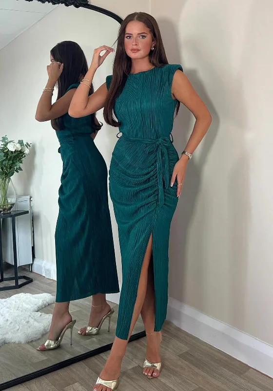 Girl in Mind Elena Plisse Midi Dress, Green Comfortable midi dresses for everyday wear