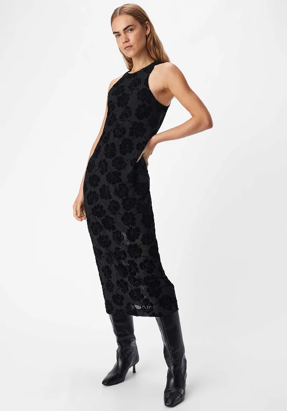 Object Alma Mesh Floral Midi Dress, Black A-line midi dresses