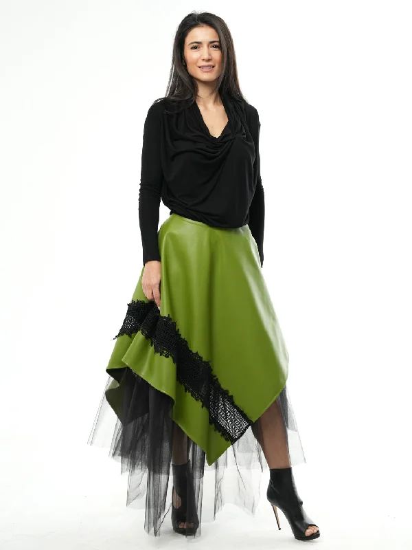 Green Vegan Leather Skirt with Black Tulle Elegant unclassified skirts