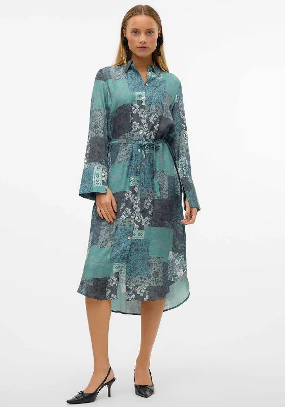 Vero Moda Natja Patchwork Shirt Midi Dress, Green Cocktail midi dresses