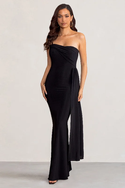 Aaliyah | Black Asymmetric Bardot Maxi Dress with Drape Boho maxi dresses