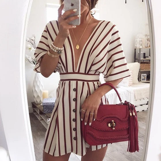 Women's Vacation Bohemian Beach Striped Button Dress Sexy Deep V Neck Loose Dresses Summer Women Vintage Casual Dresses Metallic unclassified dresses