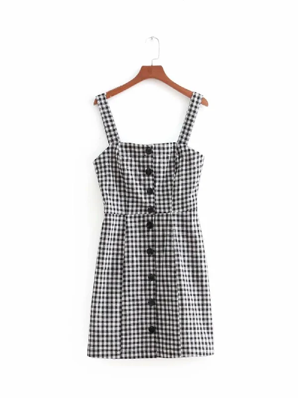 2022 women vintage sex spaghetti strap single breasted buttons plaid slimming dress elegant female vestidos sling dresses DS859 Printed unclassified dresses