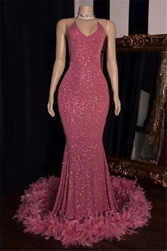 2024 Charming Mermaid Prom Dresses, Hot Pink Sequence With Feathers Halter Backless Wrap unclassified dresses