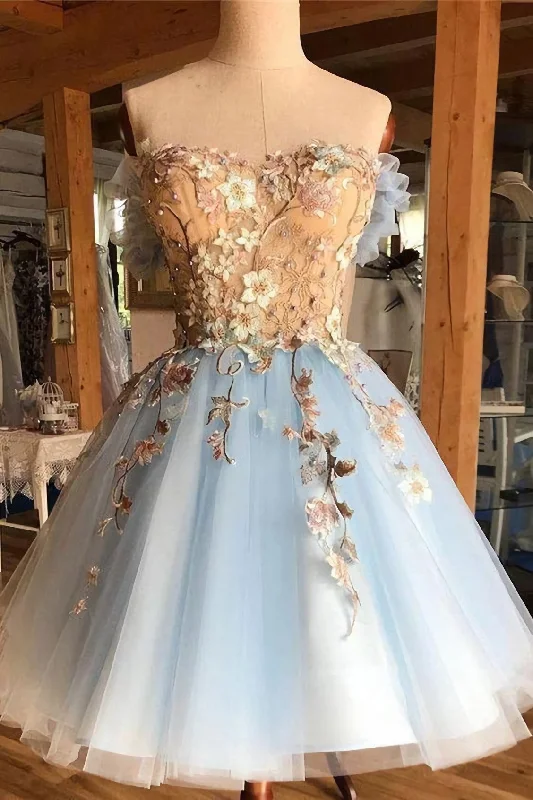 A Line Light Blue Off The Shoulder Above Knee Homecoming Prom Dress, With Appliques Color block unclassified dresses