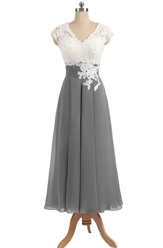 Ankle Length V Neck Cap Sleeves Silver Gray Mother Of The Bride Dresses, Prom Dress, With Appliques Chic unclassified dresses