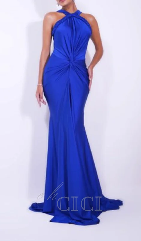 BEVERLY BRAID EMBELLISHED RUCHED HALTER GOWN IN BLUE Beach unclassified dresses