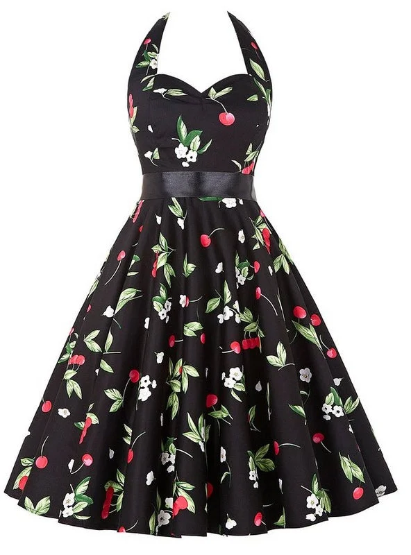 Black Cherry Print Halter Dress Velvet floral dresses