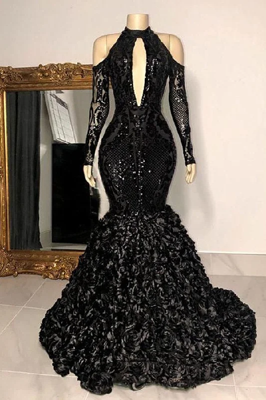 Black Sexy Keyhole Cool Shoulder Mermaid Flowers Prom Dresses Trendy new unclassified dresses