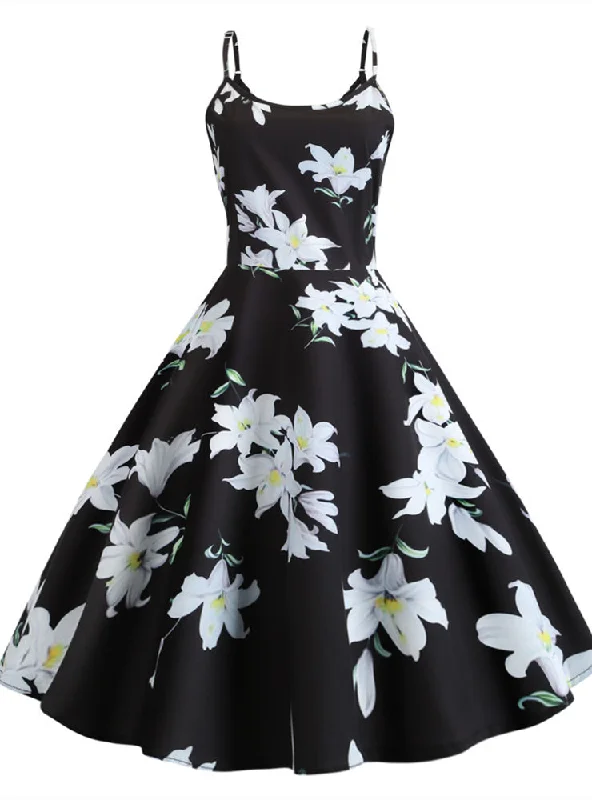 Black Spaghetti Straps Print Dress Maxi floral dresses