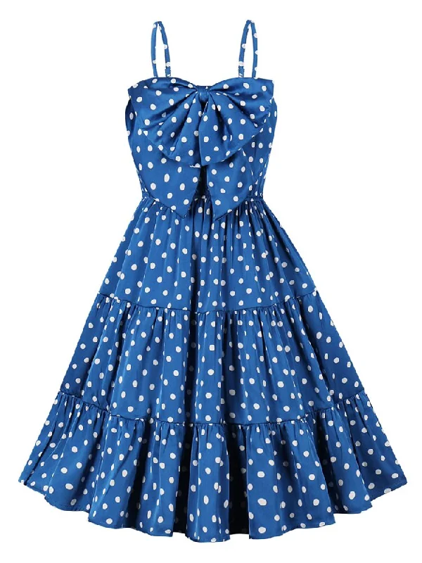 Blue Polka Dot Bow Front Spaghetti Strap Summer Women High Waist Shirred Back Pleated Vintage Dress Fashionable unclassified dresses