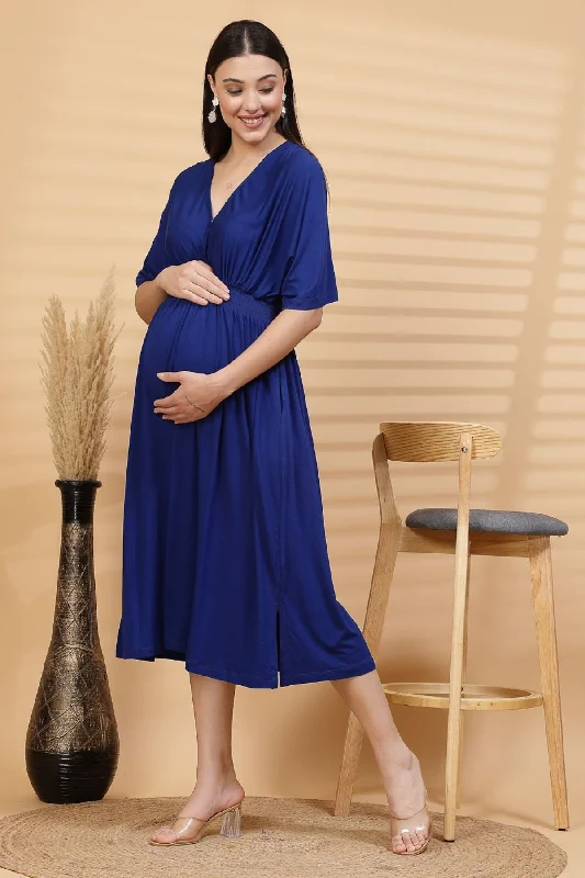 Blue Solid Smocked Waist Zipless Feeding Dress Satin unclassified dresses