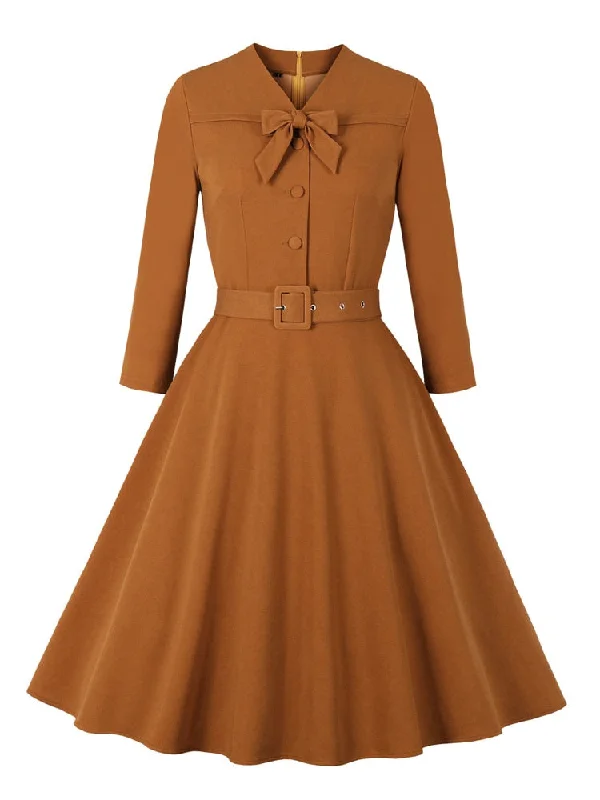 Bow Front Button Up Solid Elegant 3/4 Length Sleeve Spring Autumn Women Vintage Style Belted Swing Dresses Elegant evening unclassified dresses