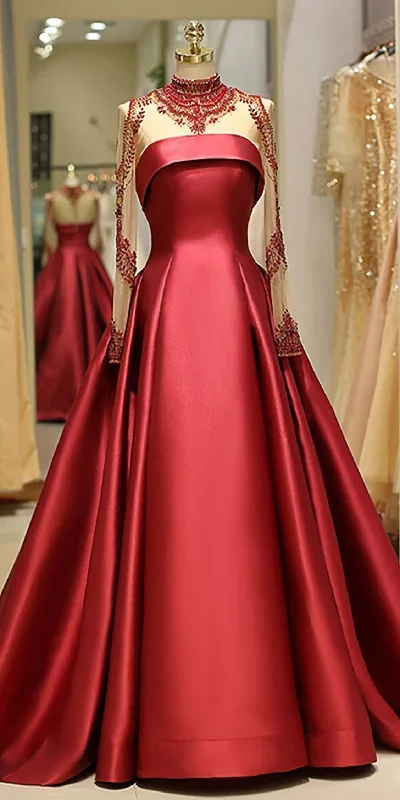 Brilliant Satin High Collar Floor Length A Line Evening Dress With Beadings C0510 Monochrome unclassified dresses